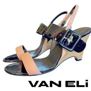 VANELi Black Patent & Tan Strap Wedge Sandal